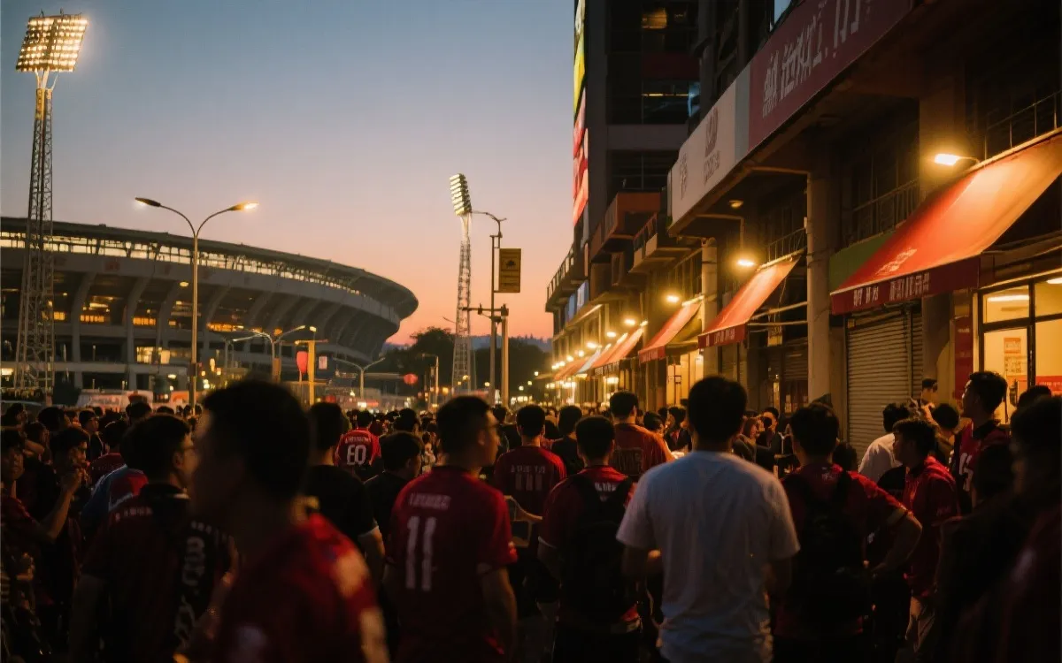 球迷在球场外的傍晚人流与灯光氛围，适合做观赛攻略配图