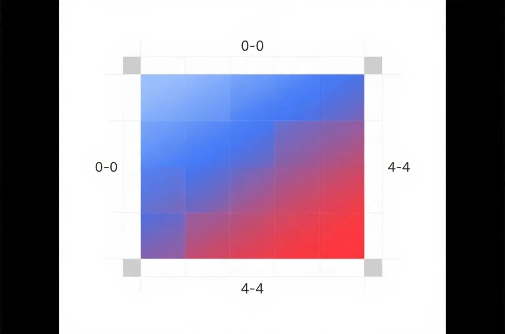 比分概率热力矩阵示意图：0-0到4-4的格子分布